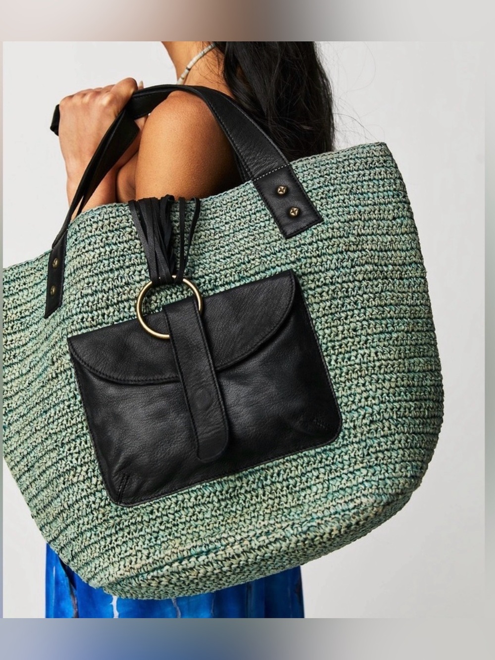 Free People Blue Green “En Riva” Raffia Tote